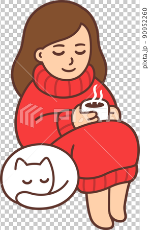 Cartoon girl in red sweater with cat and coffee 90952260