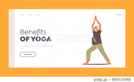 Benefits of Yoga Landing Page Template. Elderly Male Character Stand with Joined Palms in Yoga Asana Pose Benefits of Yoga Landing Page Template. Elderly Male Character Stand with Joined Palms in Yoga Asana Pose 90953098