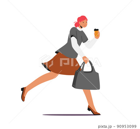 Student, Office Worker, Businesswoman Character Hurry. Running Girl with Disposable Coffee Cup in Hand Late at Work Student, Office Worker, Businesswoman Character Hurry. Running Girl with Disposable Coffee Cup in Hand Late at Work 90953099
