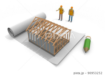 建築現場で働く人物。家の設計図。コンクリートの壁。住宅工事の仕事。 建築現場で働く人物。家の設計図。コンクリートの壁。住宅工事の仕事。 90953252