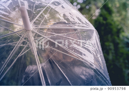 Autumn. Lonely sad woman in a headphones walking in a park, garden. View through wet transparent umbrella with rain drops. Rainy day landscape. Vintage Toned Autumn. Lonely sad woman in a headphones walking in a park, garden. View through wet transparent umbrella with rain drops. Rainy day landscape. Vintage Toned 90953798