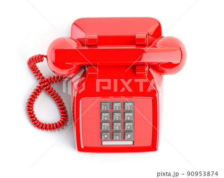 Red telephone. Top view of vintage retro push button telephone isolated on white. 90953874
