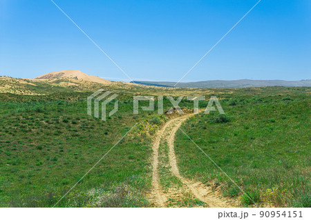 road in semi-desert steppe landscape in the vicinity of the Sarykum sand dune road in semi-desert steppe landscape in the vicinity of the Sarykum sand dune 90954151