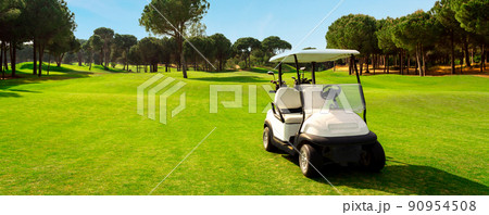 Golf cart in fairway of golf course with green grass field with blue sky and trees Golf cart in fairway of golf course with green grass field with blue sky and trees 90954508