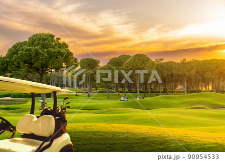 Golf cart on beautiful golf course at sunset 90954533