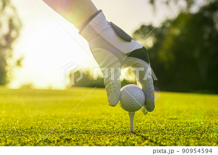 Closeup of golfer wearing glove placing golf ball on a tee at golf course 90954594