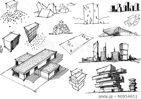 many hand drawn architectectural sketches of a modern abstract architecture and detached houses and urban ideas many hand drawn architectectural sketches of a modern abstract architecture and detached houses and urban ideas 90954651