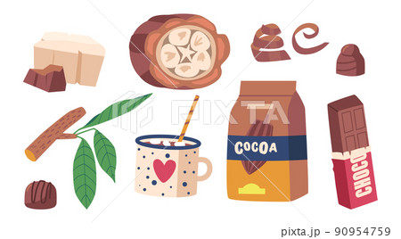 Set Chocolate and Cocoa Production Bean Cross Section, Candy, Hot Drink in Mug, Sweets, Oil, Beverage, Choco Bar 90954759