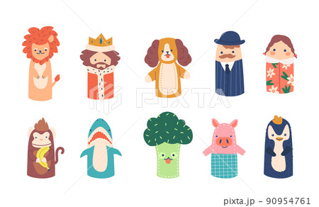 Finger Puppets Funny Animals Lion, Monkey, Dog and Pig with Shark and Penguin. King, Broccoli, Girl and Man Characters 90954761