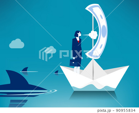 Blow the boat away from the sharks. Business vector illustration concept Blow the boat away from the sharks. Business vector illustration concept 90955834