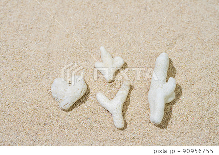 砂浜に珊瑚の欠片とハート形のサンゴ石の写真素材 [90956755] - PIXTA