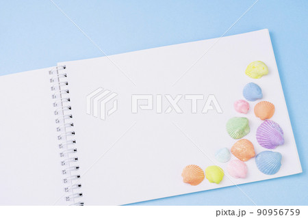 青の背景に開いたスケッチブックとカラフルな貝殻 90956759