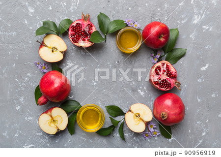 Rosh hashanah concept. Frame made of symbols jewish New Year holiday Traditional. Top view with copy space 90956919