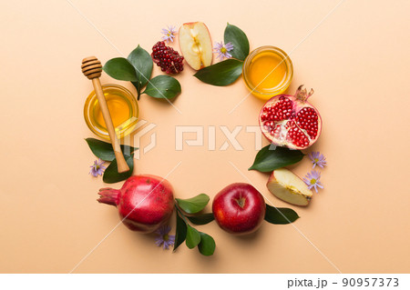 Rosh hashanah concept. Frame made of symbols jewish New Year holiday Traditional. Top view with copy space 90957373