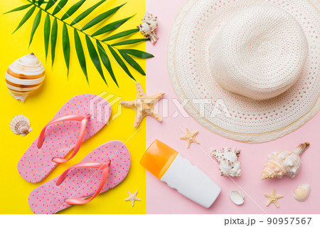 Summer vacation concept flat lay. beach accessories and towel top view. Space for text. travel concept Summer vacation concept flat lay. beach accessories and towel top view. Space for text. travel concept 90957567