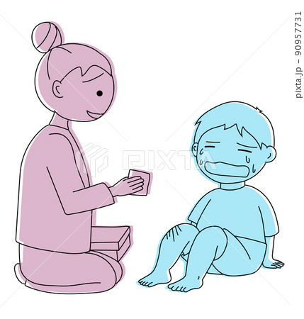 膝を怪我して泣く子供と心配しながら手当をする母親 90957731