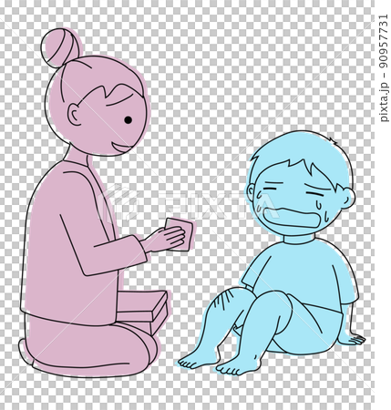 膝を怪我して泣く子供と心配しながら手当をする母親 90957731