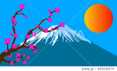 Stylized drawing of Mount Fuji with a cherry blossom tree and beautiful sunshine 90958474