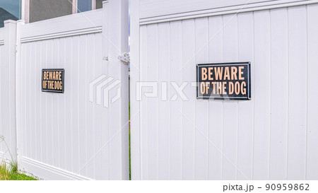 Panorama White vinyl fence gate with two beware of dog the signages Panorama White vinyl fence gate with two beware of dog the signages 90959862