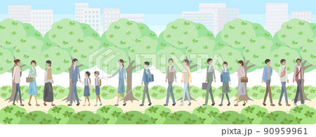街を背景に緑の道を歩く老若男女 90959961