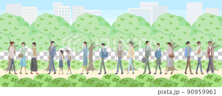 街を背景に緑の道を歩く老若男女 90959961