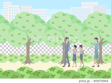Men and women and elementary school students walking on a green road with the city in the background 90959968