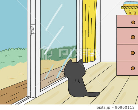 部屋の中から窓の外を見ている黒猫の後ろ姿 90960115
