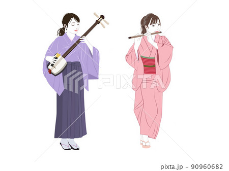 三味線と横笛女性イラスト 90960682