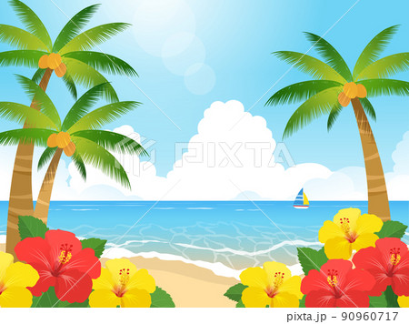 ハイビスカスとヤシの木と海の風景のイラスト素材