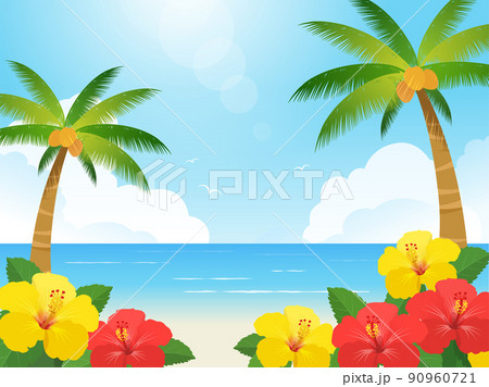 ハイビスカスとヤシの木と海の風景 90960721