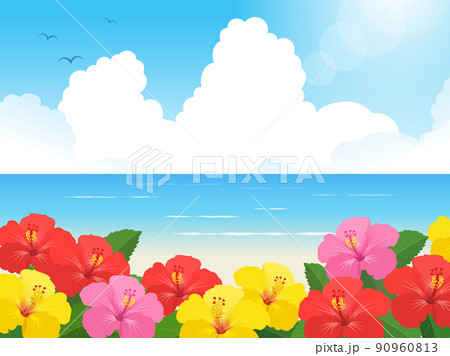 ハイビスカスと海の風景のイラスト素材 ハイビスカスと海の風景のイラスト素材