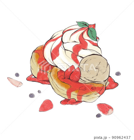 アイスとクリームたっぷりのふわふわいちごのパンケーキの