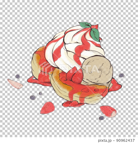 アイスとクリームたっぷりのふわふわいちごのパンケーキ 90962437
