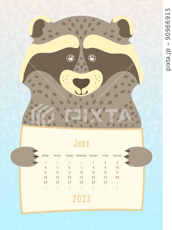 2023 june calendar, cute raccoon animal holding a monthly calendar sheet, hand drawn childish style 2023 june calendar, cute raccoon animal holding a monthly calendar sheet, hand drawn childish style 90966915