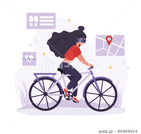 Metaverse sport. Woman in VR glasses riding bike. Workout and fitness. Cyberspace or Virtual reality concept. Modern technology entertainment. Vector illustration in flat cartoon style 90966924