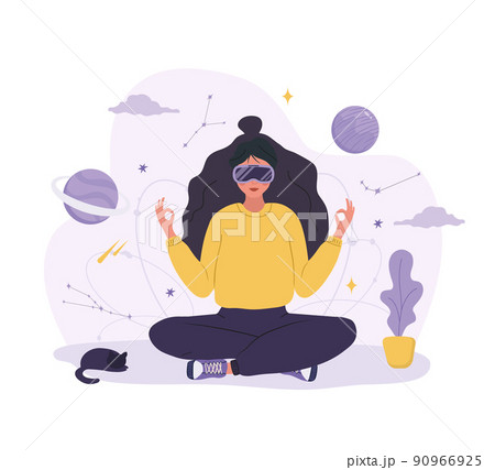 Woman in VR glasses meditating and relaxing. Metaverse, Cyberspace or Virtual reality concept. Modern technology for mental and physical health. Vector illustration in flat cartoon style Woman in VR glasses meditating and relaxing. Metaverse, Cyberspace or Virtual reality concept. Modern technology for mental and physical health. Vector illustration in flat cartoon style 90966925