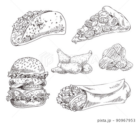 Fast food set hand drawn vector monochrome sketch 90967953