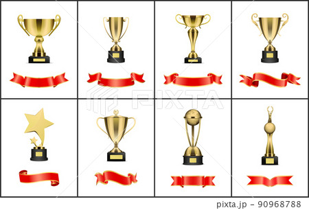 Gold trophy cup, award with red ribbons decoration Gold trophy cup, award with red ribbons decoration 90968788