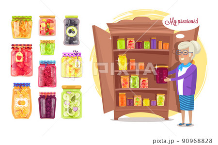 Cheerful Granny with Preserved Food in Cupboard 90968828