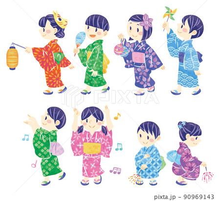 夏祭り　浴衣で縁日を楽しんだり花火や盆踊りをする子供たちのイラストセット 90969143