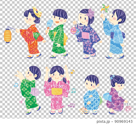 夏祭り　浴衣で縁日を楽しんだり花火や盆踊りをする子供たちのイラストセット 90969143