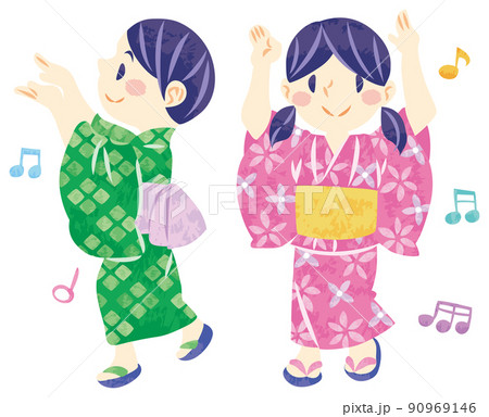 夏祭り 浴衣で盆踊りをする子供たちのイラストのイラスト素材