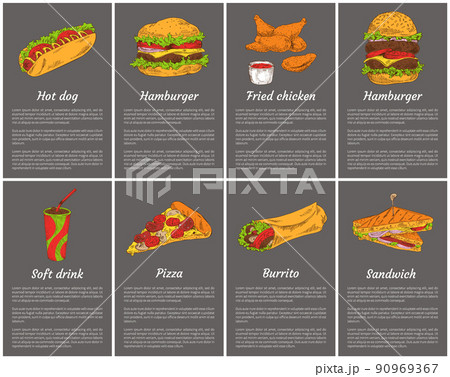 Takeaway Fast Food Posters Set. Ice Cream, Hot Dog Takeaway Fast Food Posters Set. Ice Cream, Hot Dog 90969367
