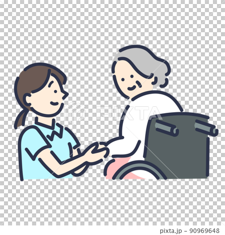 護理人員和祖母手牽手的彩色插圖 90969648