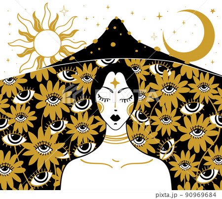 Woman with closed eyes on mystical trippy background with moon, sun and eyes, psychedelic art, narcotic mushrooms, mind relaxation and balance. Hand drawn vector illustration. 90969684