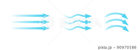Air flow. Set of blue arrows showing direction of air movement. Wind direction arrows. Blue cold fresh stream from the conditioner. Vector illustration isolated on white background 90970586