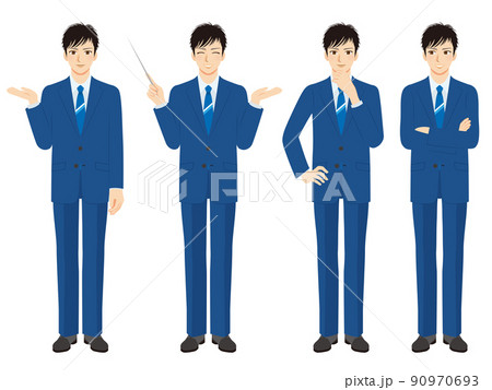 働く男性イラストセット 全身 紺色スーツ 黒髪のイラスト素材