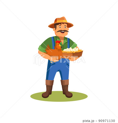 Farmer holds chicken and eggs, vector icon. Farmer holds chicken and eggs, vector icon. 90971130