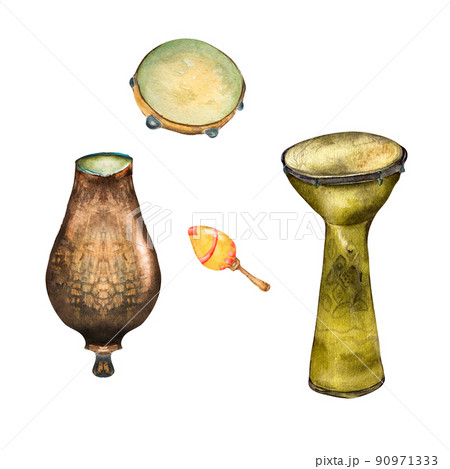Set of percussion musical instruments watercolor illustration isolated. Set of percussion musical instruments watercolor illustration isolated. 90971333