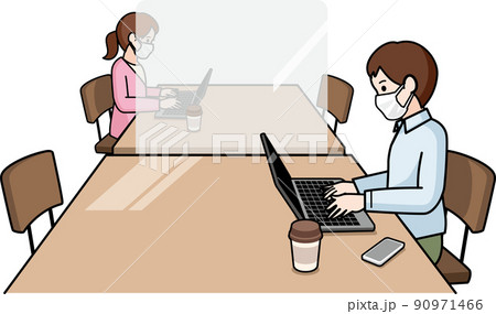 感染対策をしたコワーキングスペースの男性と女性 感染対策をしたコワーキングスペースの男性と女性 90971466